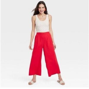 Women’s high rise red linen wide leg culotte pants